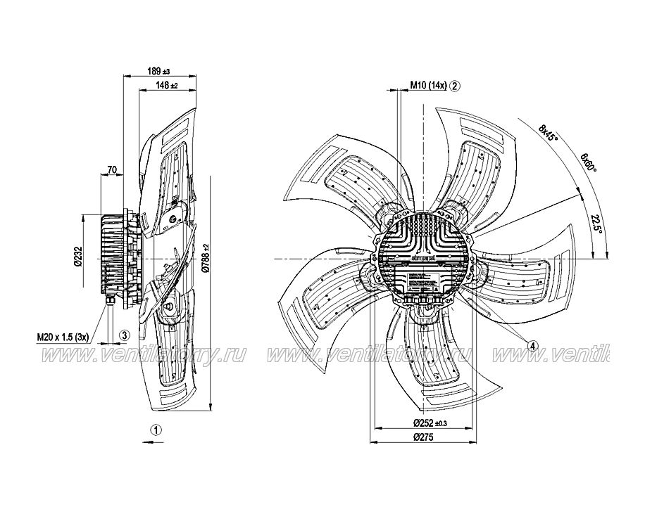 Чертеж и габаритные размеры вентилятора ebm-papst A3G800-AU25-01